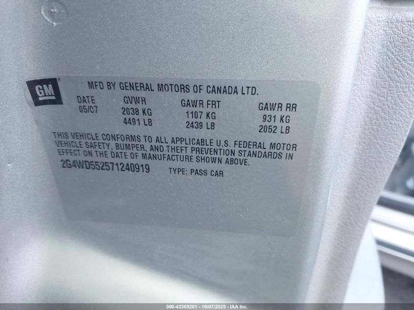 2007 Buick Lacrosse Cxl VIN: 2G4WD552571240919 Lot: 43369201