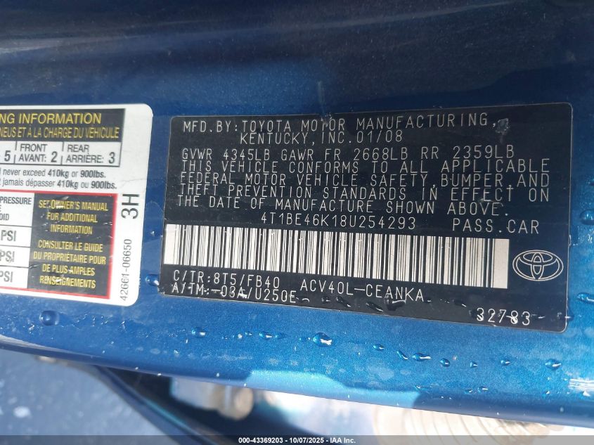 2008 Toyota Camry Le VIN: 4T1BE46K18U254293 Lot: 43369203