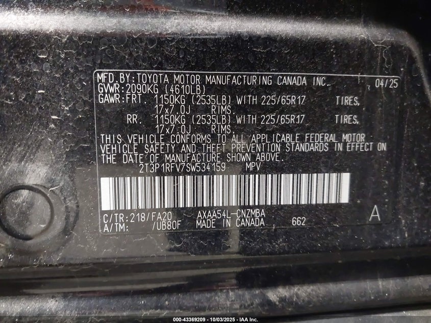 2025 TOYOTA RAV4 XLE 2T3P1RFV7SW534159