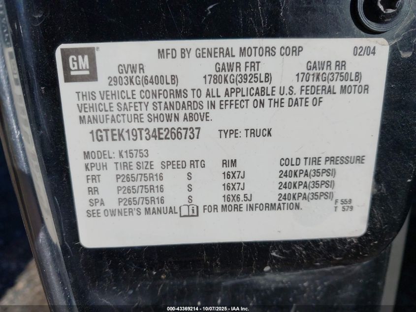 2004 GMC Sierra 1500 Sle VIN: 1GTEK19T34E266737 Lot: 43369214