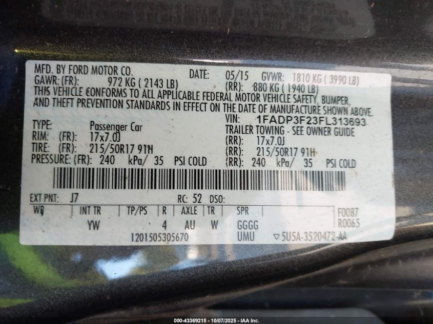 2015 Ford Focus Se VIN: 1FADP3F23FL313693 Lot: 43369215