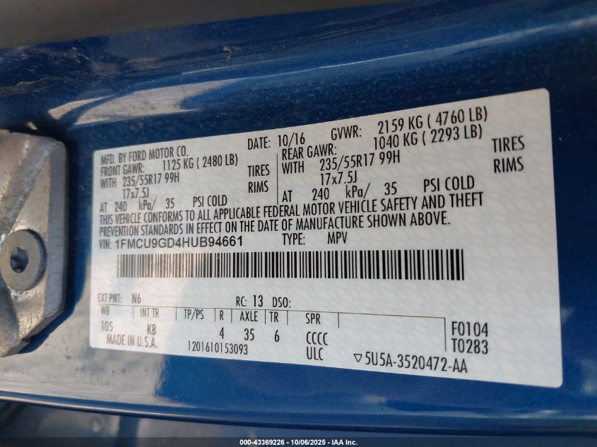 2017 Ford Escape Se VIN: 1FMCU9GD4HUB94661 Lot: 43369226