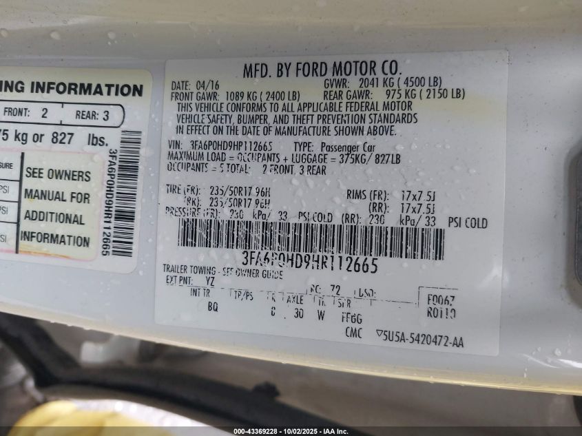 2017 Ford Fusion Se VIN: 3FA6P0HD9HR112665 Lot: 43369228