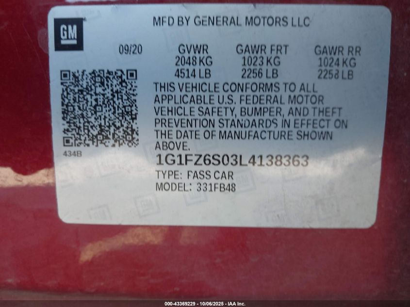 2020 Chevrolet Bolt Ev Fwd Premier VIN: 1G1FZ6S03L4138363 Lot: 43369229