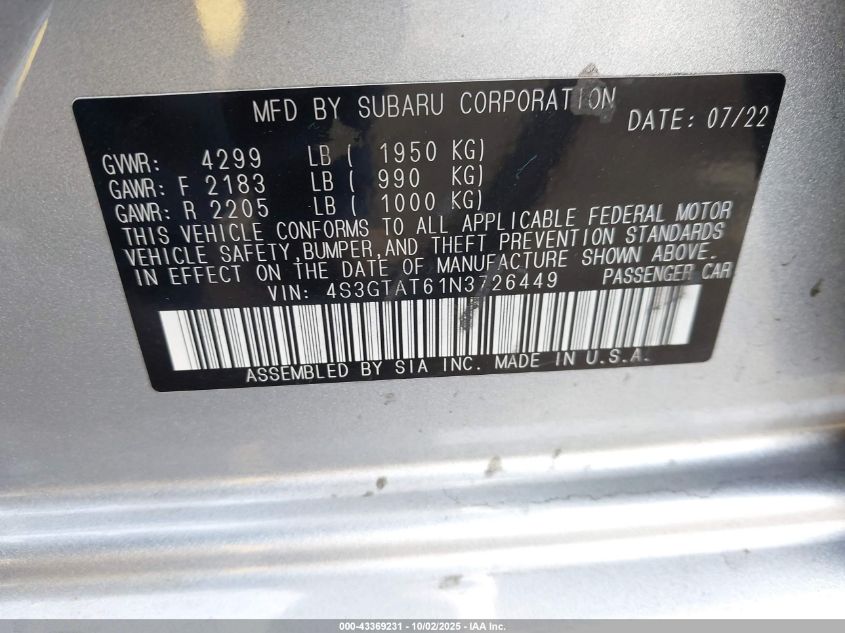 2022 Subaru Impreza Limited 5-Door VIN: 4S3GTAT61N3726449 Lot: 43369231