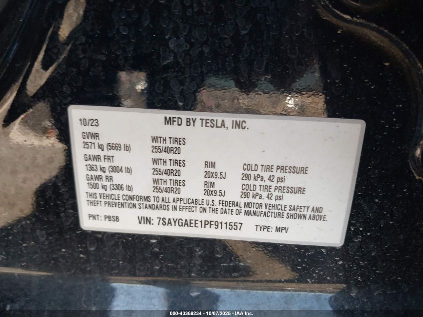 2023 Tesla Model Y Awd/Long Range Dual Motor All-Wheel Drive VIN: 7SAYGAEE1PF911557 Lot: 43369234