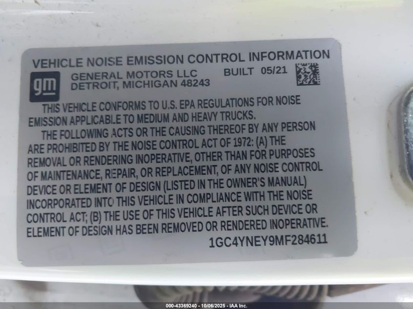 2021 Chevrolet Silverado 2500Hd 4Wd Standard Bed Lt VIN: 1GC4YNEY9MF284611 Lot: 43369240