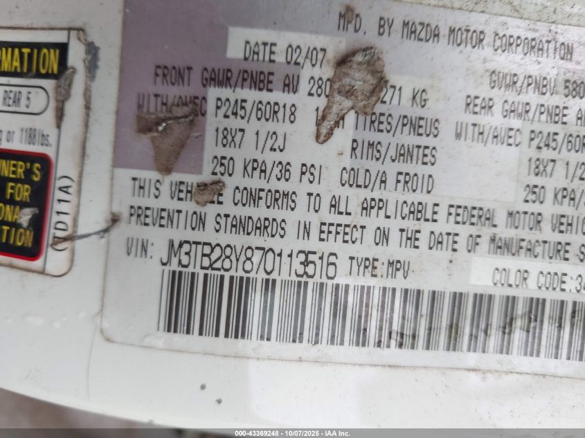 2007 Mazda Cx-9 Sport VIN: JM3TB28Y870113516 Lot: 43369248