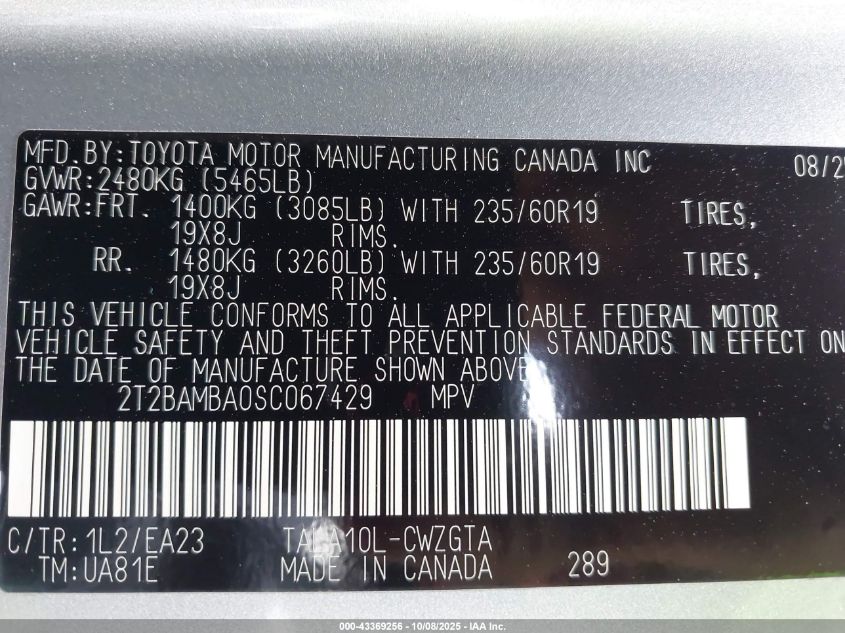 2025 Lexus Rx 350 VIN: 2T2BAMBA0SC067429 Lot: 43369256