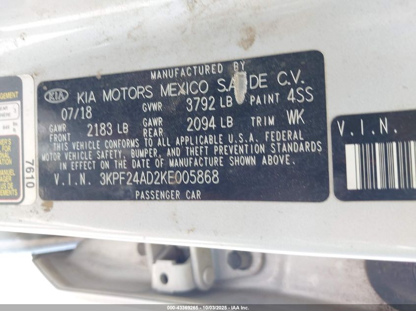 2019 Kia Forte Lxs VIN: 3KPF24AD2KE005868 Lot: 43369265