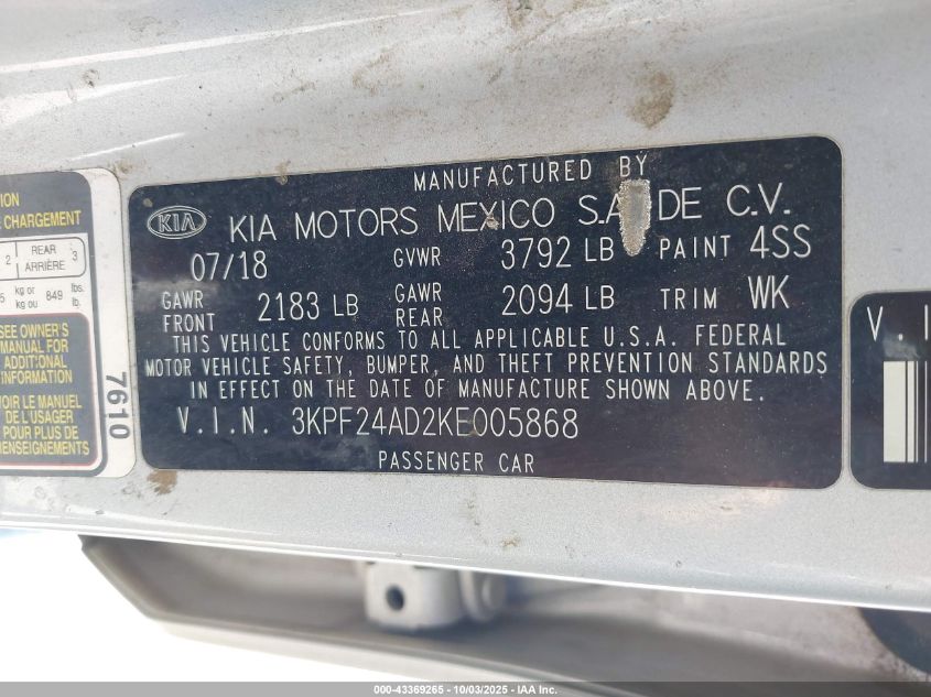 2019 Kia Forte Lxs VIN: 3KPF24AD2KE005868 Lot: 43369265