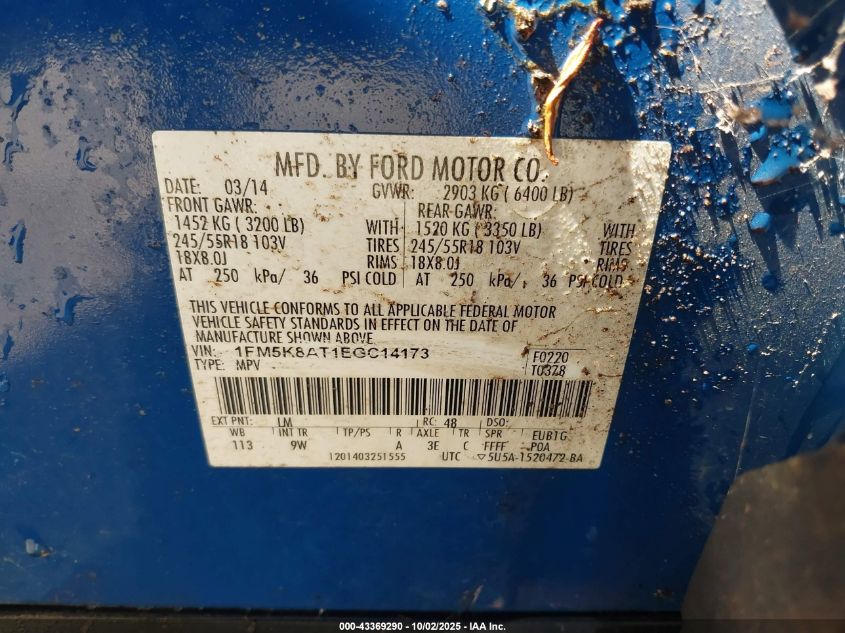 2014 Ford Police Interceptor VIN: 1FM5K8AT1EGC14173 Lot: 43369290