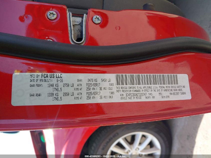 2016 Dodge Journey Sxt VIN: 3C4PDCBG0GT223747 Lot: 43369293