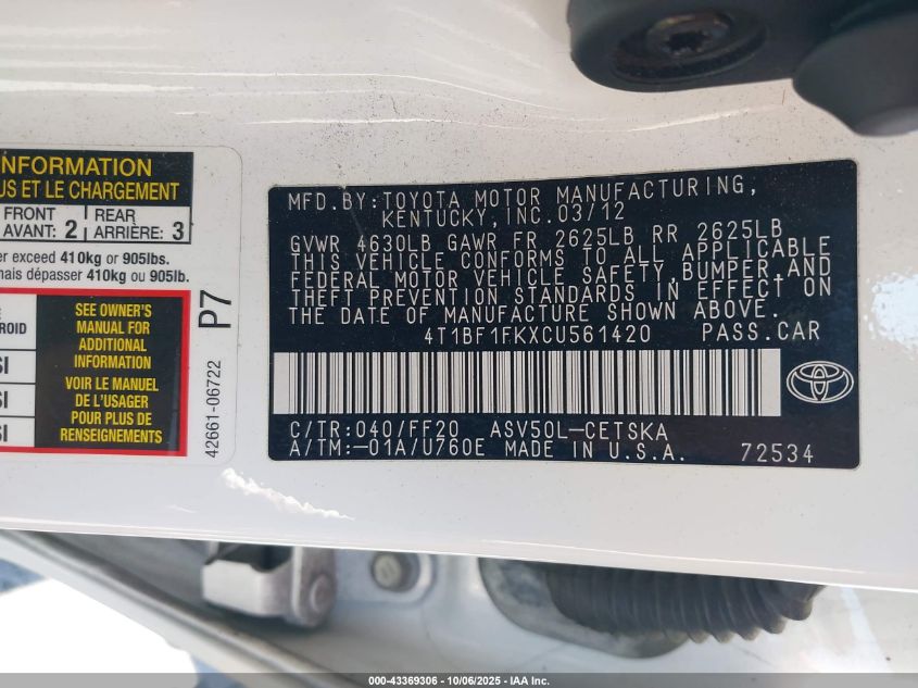 2012 Toyota Camry Se VIN: 4T1BF1FKXCU561420 Lot: 43369306