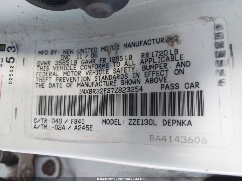 2007 Toyota Corolla Le VIN: 1NXBR32E37Z823254 Lot: 43369313