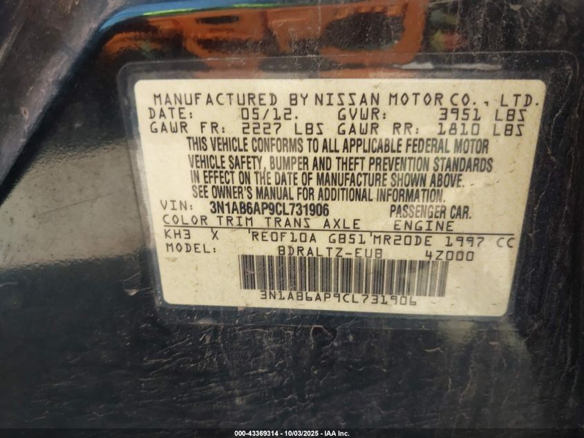 2012 Nissan Sentra 2.0 S VIN: 3N1AB6AP9CL731906 Lot: 43369314