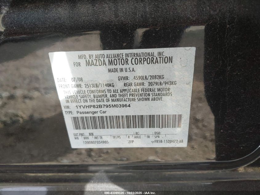2009 Mazda Mazda6 S Grand Touring VIN: 1YVHP82B795M03964 Lot: 43369325