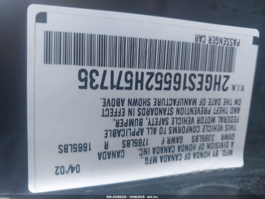 2002 Honda Civic Lx VIN: 2HGES16552H571735 Lot: 43369329