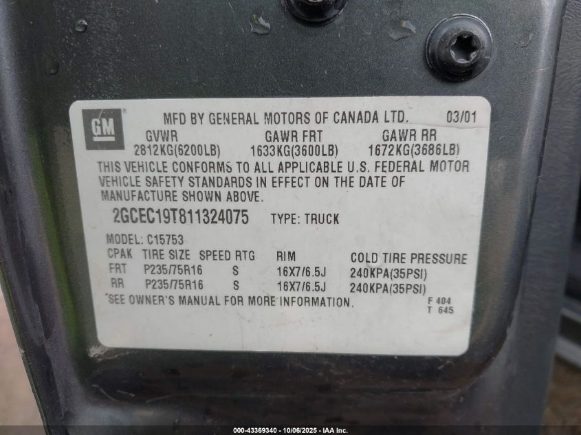2001 Chevrolet Silverado 1500 Ls VIN: 2GCEC19T811324075 Lot: 43369340