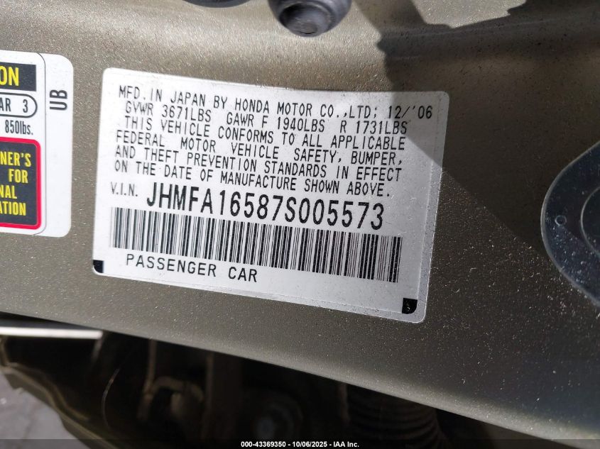 2007 Honda Civic Lx VIN: JHMFA16587S005573 Lot: 43369350