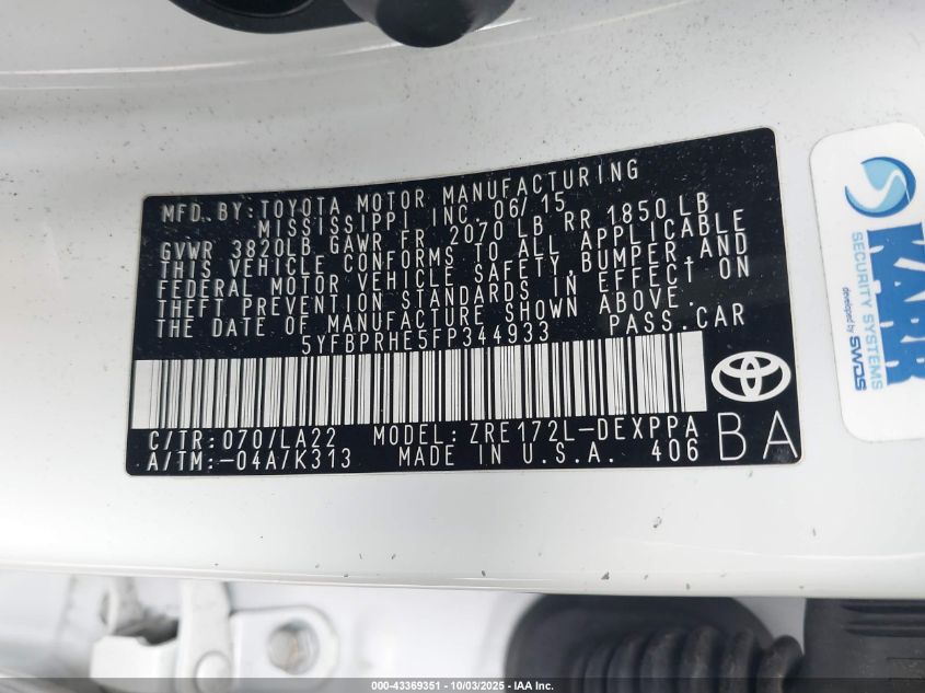 2015 Toyota Corolla Le Eco Premium VIN: 5YFBPRHE5FP344933 Lot: 43369351