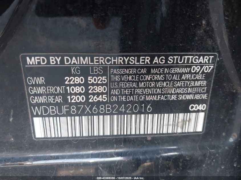 2008 Mercedes-Benz E 350 4Matic VIN: WDBUF87X68B242016 Lot: 43369356