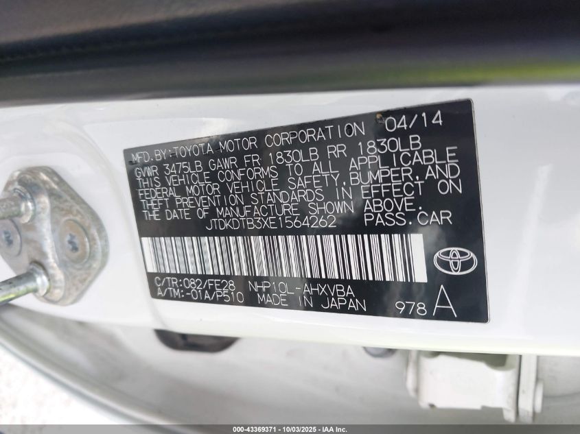 2014 Toyota Prius C One VIN: JTDKDTB3XE1564262 Lot: 43369371