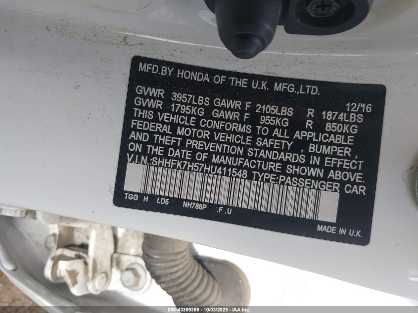 2017 Honda Civic Ex VIN: SHHFK7H57HU411548 Lot: 43369386