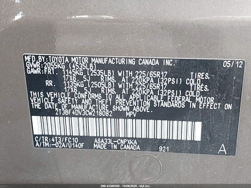 2012 Toyota Rav4 VIN: 2T3BF4DV3CW218082 Lot: 43369388