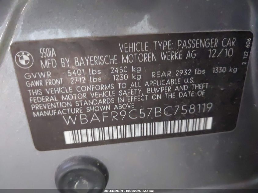 2011 BMW 550I VIN: WBAFR9C57BC758119 Lot: 43369389