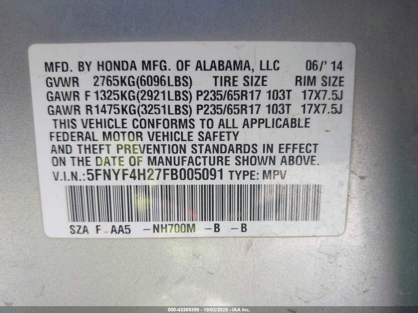 2015 HONDA PILOT LX - 5FNYF4H27FB005091