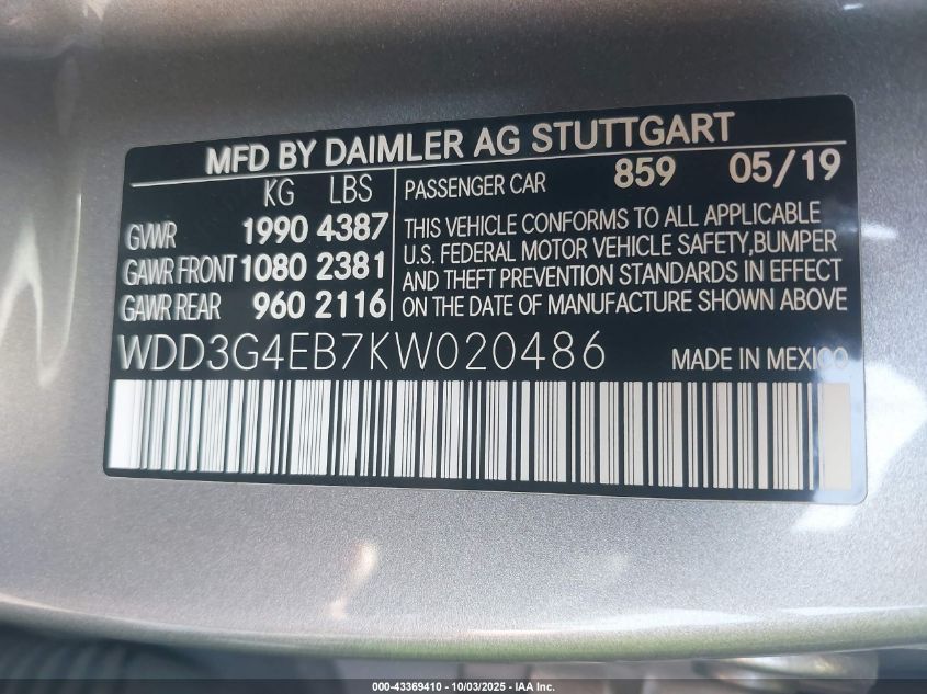 2019 Mercedes-Benz A 220 VIN: WDD3G4EB7KW020486 Lot: 43369410