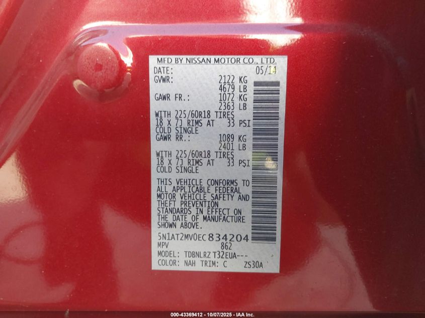 2014 Nissan Rogue Sl VIN: 5N1AT2MV0EC834204 Lot: 43369412