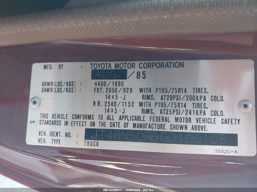1986 Toyota Pickup 1/2 Ton Rn50 VIN: JT4RN50R6G0109108 Lot: 43369417