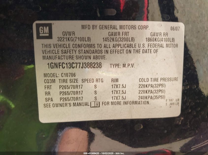2007 Chevrolet Tahoe Ls VIN: 1GNFC13C77J388238 Lot: 43369420