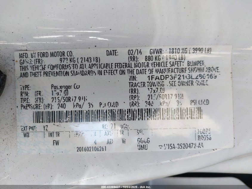 2016 FORD FOCUS SE - 1FADP3F21GL286169