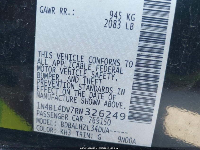 2024 Nissan Altima Sv Fwd VIN: 1N4BL4DV7RN326249 Lot: 43369435