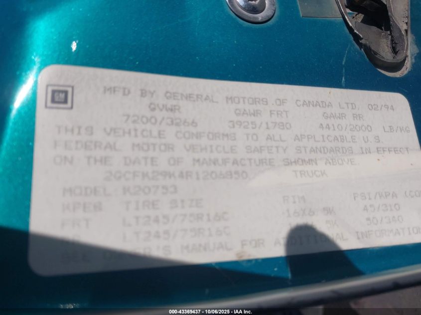 1994 Chevrolet Gmt-400 K2500 VIN: 2GCFK29K4R1206850 Lot: 43369437