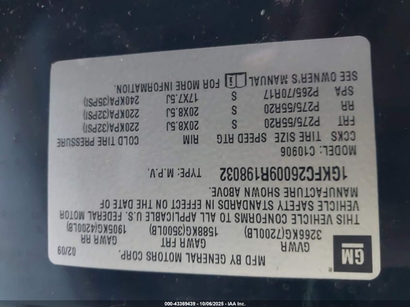 2009 GMC Yukon Xl 1500 Sle2 VIN: 1GKFC26009R198032 Lot: 43369439