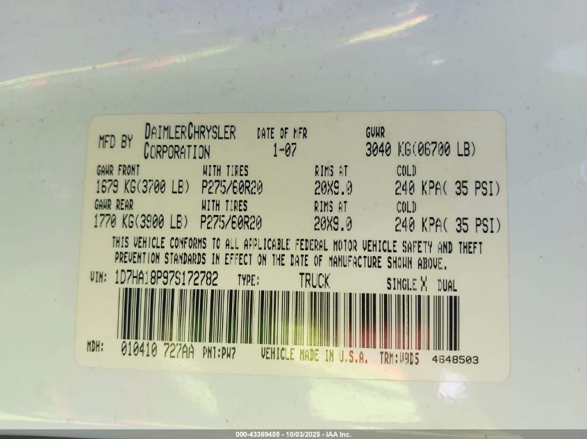2007 Dodge Ram 1500 Slt VIN: 1D7HA18P97S172782 Lot: 43369459