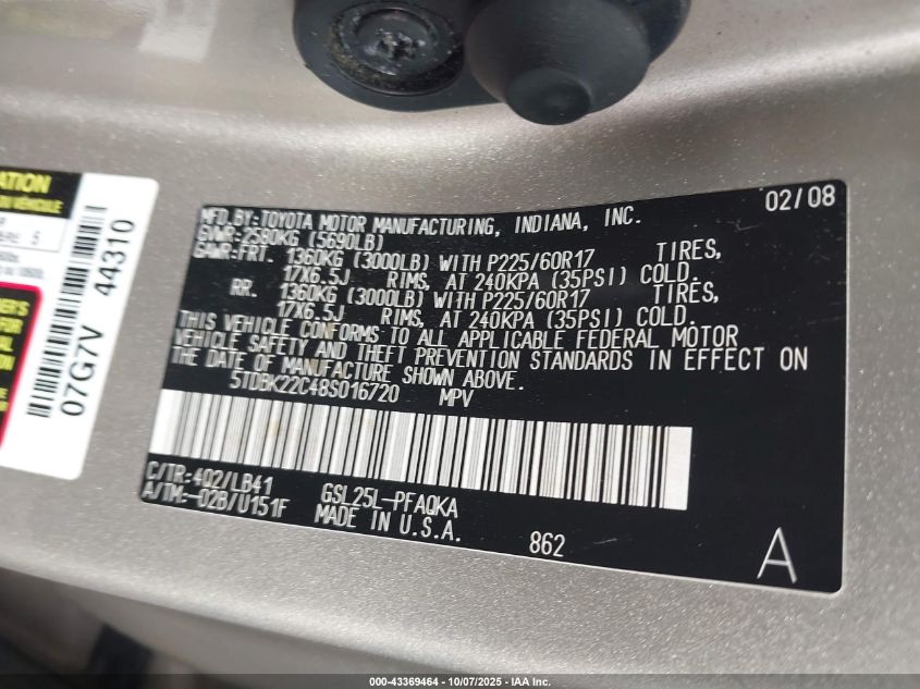 2008 Toyota Sienna Limited VIN: 5TDBK22C48S016720 Lot: 43369464