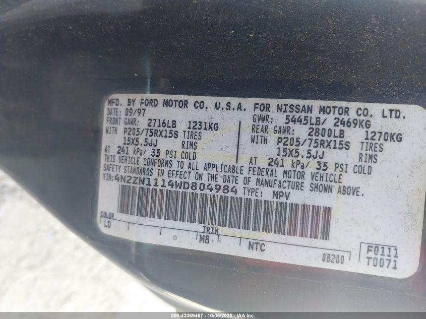 1998 Nissan Quest Gxe/Xe VIN: 4N2ZN1114WD804984 Lot: 43369467