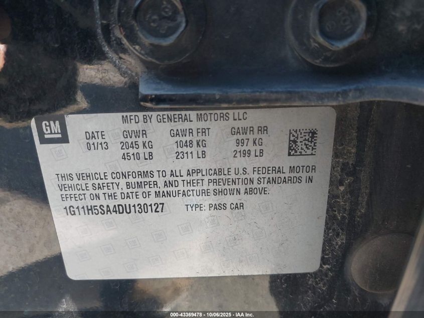 2013 Chevrolet Malibu 1Lz VIN: 1G11H5SA4DU130127 Lot: 43369478