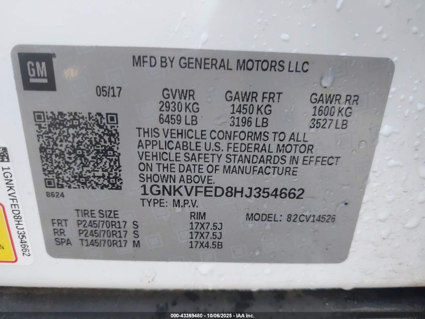 2017 Chevrolet Traverse Ls VIN: 1GNKVFED8HJ354662 Lot: 43369480