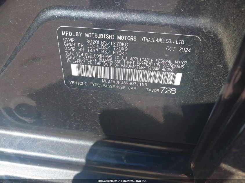 2024 Mitsubishi Mirage Es/Le VIN: ML32AUHJ8RH031153 Lot: 43369482