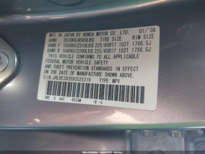 2008 Honda Cr-V Lx VIN: JHLRE38358C025319 Lot: 43369484