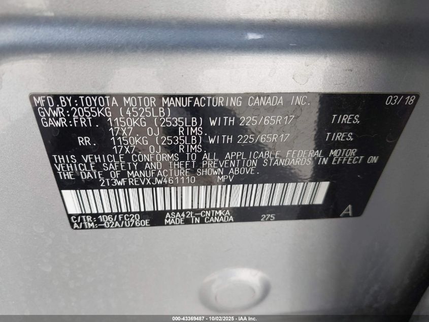 2018 Toyota Rav4 Xle VIN: 2T3WFREVXJW461110 Lot: 43369487