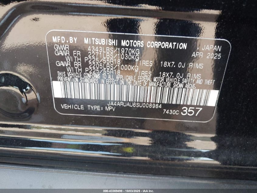 2025 Mitsubishi Outlander Sport 2.0 Es Awc/2.0 Le Awc/2.0 S Awc/2.0 Se Awc/2.0 Trail Edition Awc VIN: JA4ARUAU6SU008984 Lot: 43369498