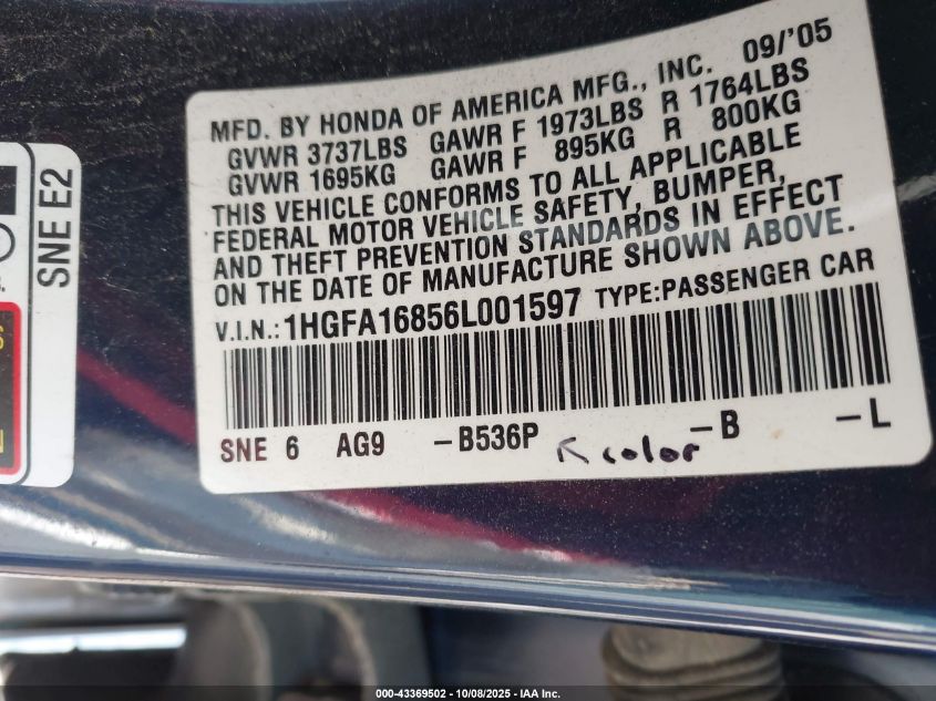 2006 Honda Civic Ex VIN: 1HGFA16856L001597 Lot: 43369502
