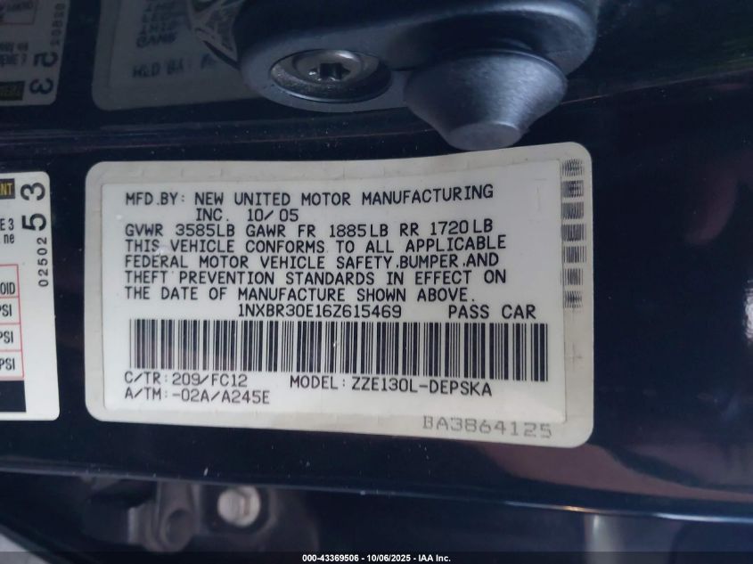 2006 Toyota Corolla S VIN: 1NXBR30E16Z615469 Lot: 43369506